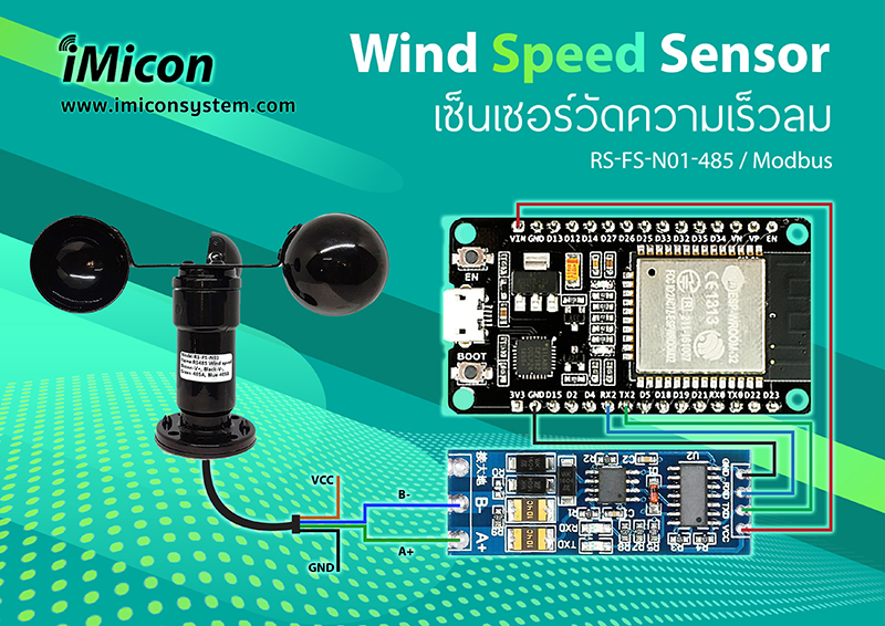 ตัวอย่างต่อใช้งาน RS-FS-N01  เซ็นเซอร์วัดความเร็วลม Wind Speed Sensor กับ Arduino และ ESP32 ด้วยโมดูล RS-485