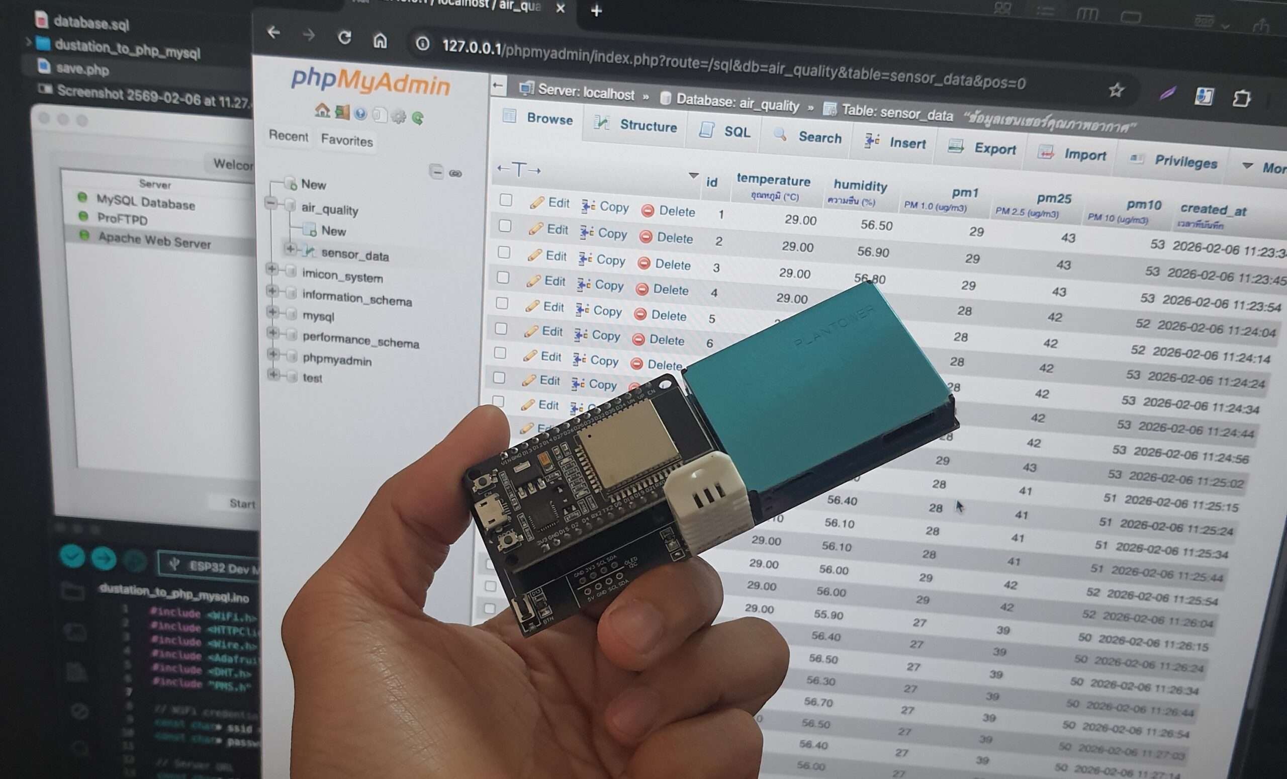 บันทึกข้อมูลจากค่าฝุ่นและอุณหภูมิ/ความชื้นลงฐานข้อมูล MySQL ผ่าน PHP (ESP32 / Arduino IDE)